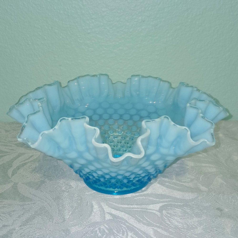 Vintage Fenton Hobnail Blue Opalescent Large Ruffle Top Bowl